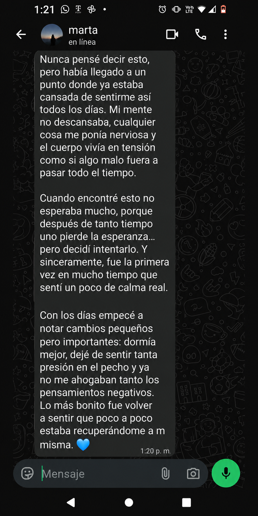 Reseña real de Marta por WhatsApp